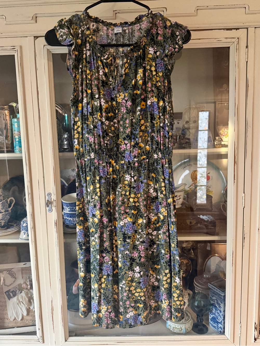Old Navy Olive Green Floral Midi Dress with Yellow, Purple & Pink Flowers
